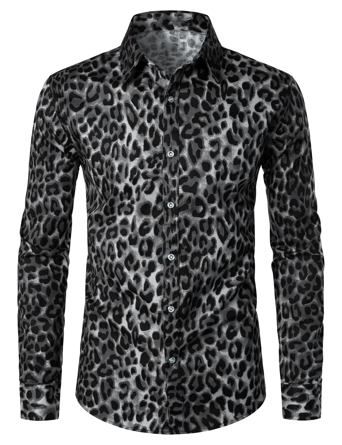 Men's Grey Snow Leopard Print Animal Casual Rock Cool Cotton Long Sleeve Shirt