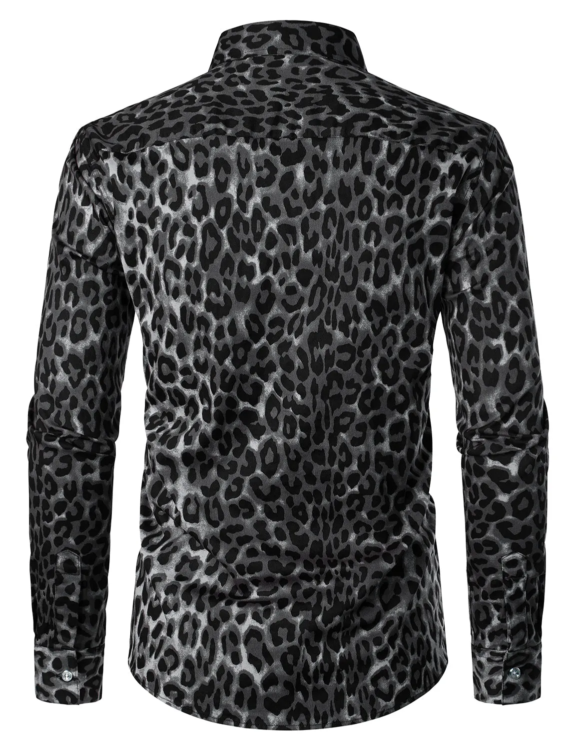 Men's Grey Snow Leopard Print Animal Casual Rock Cool Cotton Long Sleeve Shirt