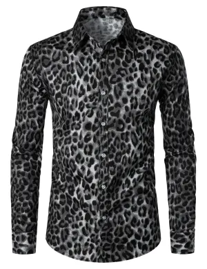 Men's Grey Snow Leopard Print Animal Casual Rock Cool Cotton Long Sleeve Shirt