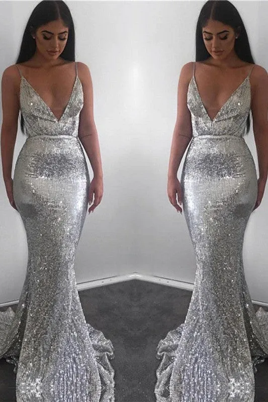 Mermaid Deep V-neck Spaghetti Strap Floor Length Backless Paillette Evening Dress