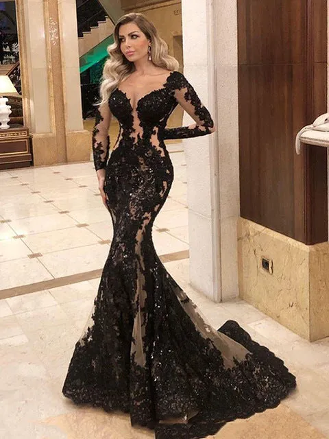 Mermaid Formal Evening Dress Long Sleeve Sexy Black Long Prom Party Gowns Custom Made