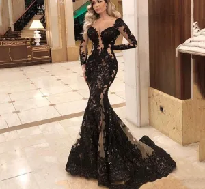 Mermaid Formal Evening Dress Long Sleeve Sexy Black Long Prom Party Gowns Custom Made