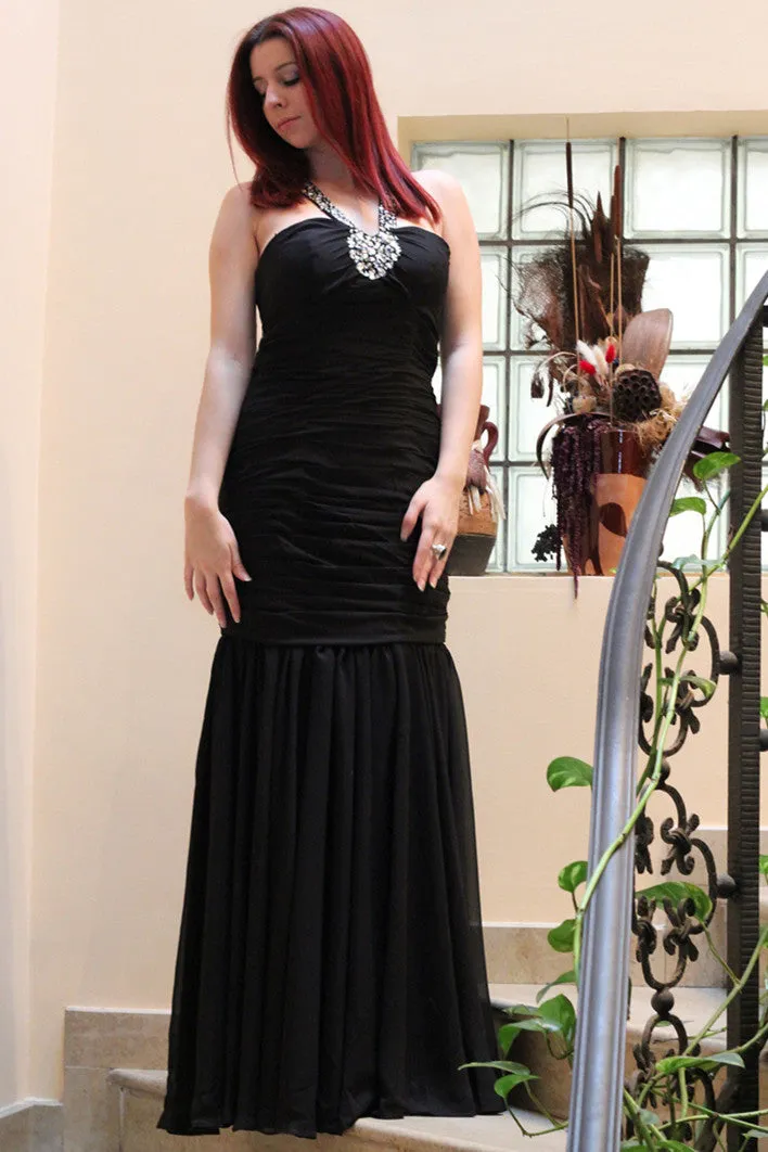 Mermaid Halter Floor Length Chiffon Backless Rhinestone Evening Dress