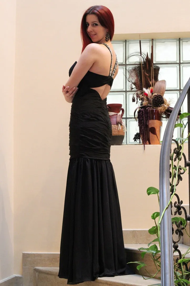 Mermaid Halter Floor Length Chiffon Backless Rhinestone Evening Dress