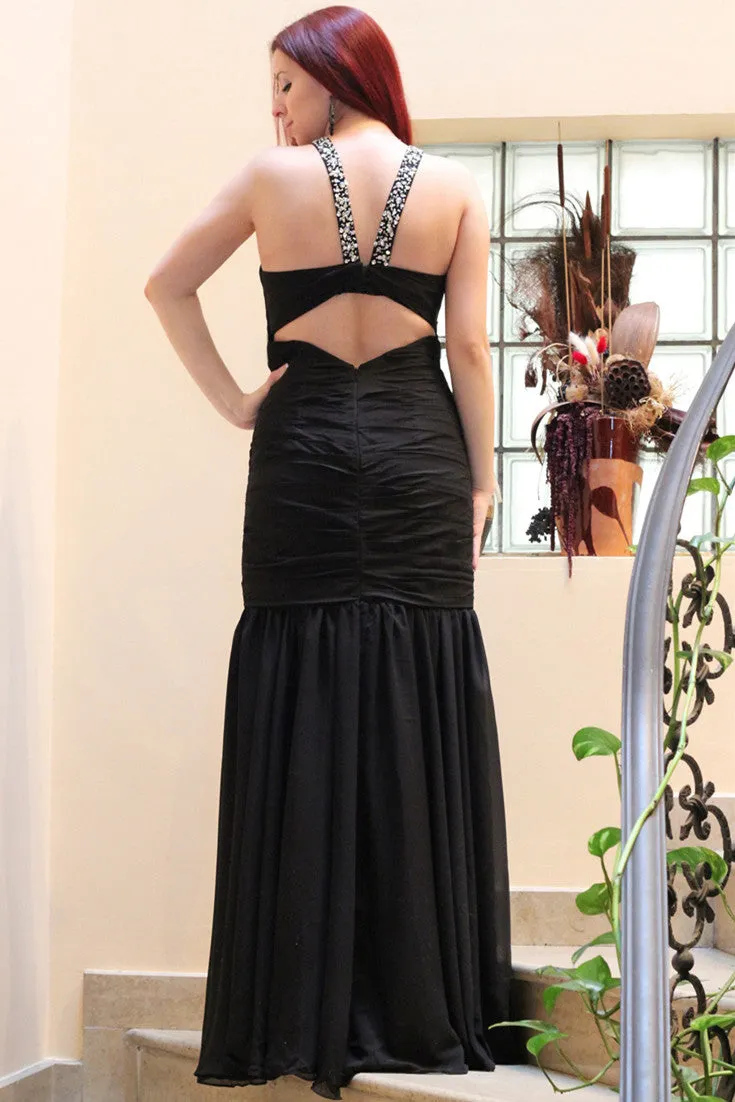 Mermaid Halter Floor Length Chiffon Backless Rhinestone Evening Dress