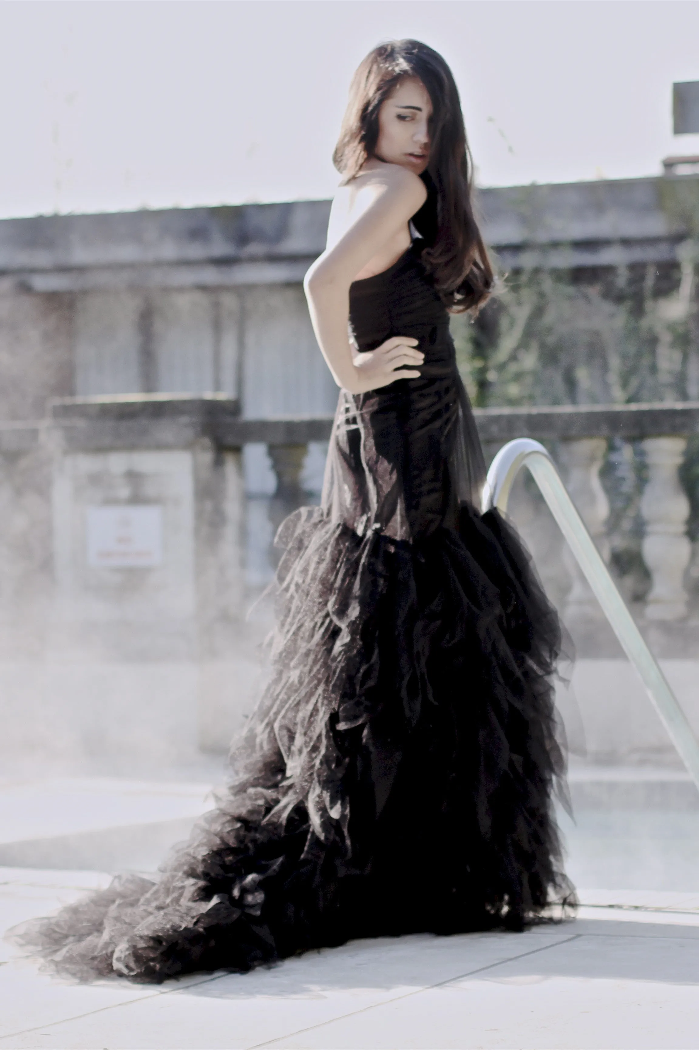 Mermaid Strapless Floor Length Tulle Lotus Leaf Hem