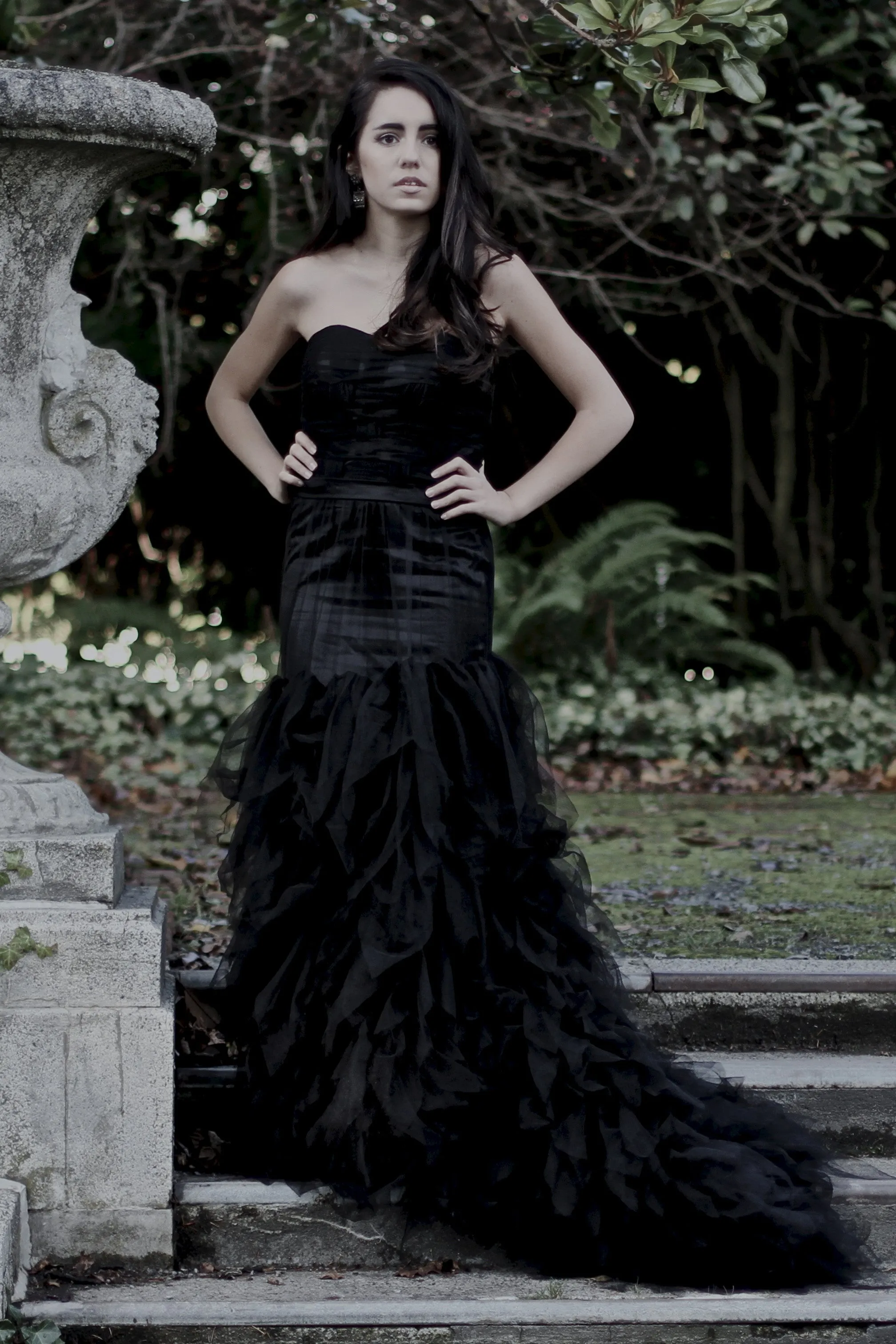Mermaid Strapless Floor Length Tulle Lotus Leaf Hem