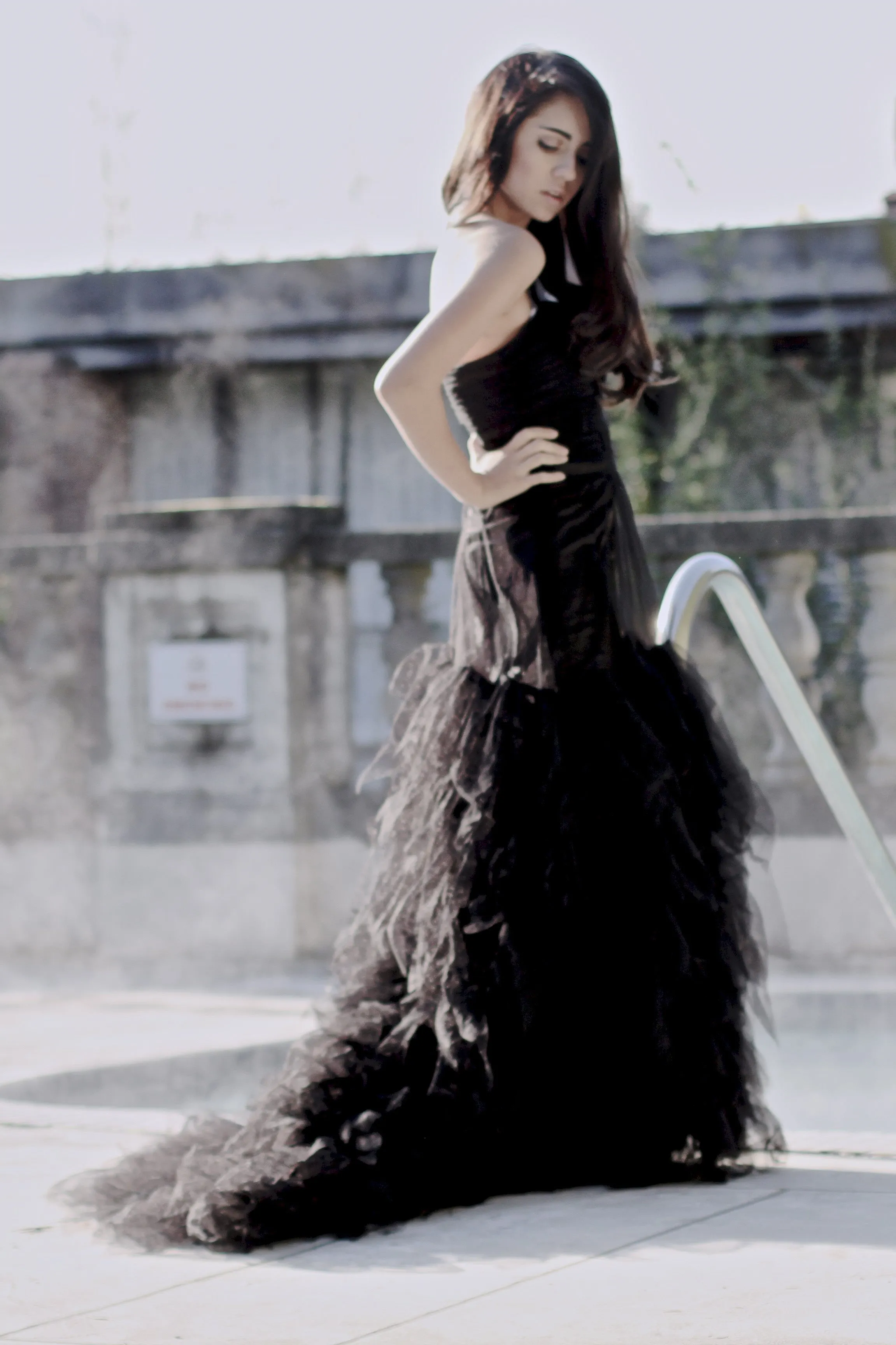 Mermaid Strapless Floor Length Tulle Lotus Leaf Hem