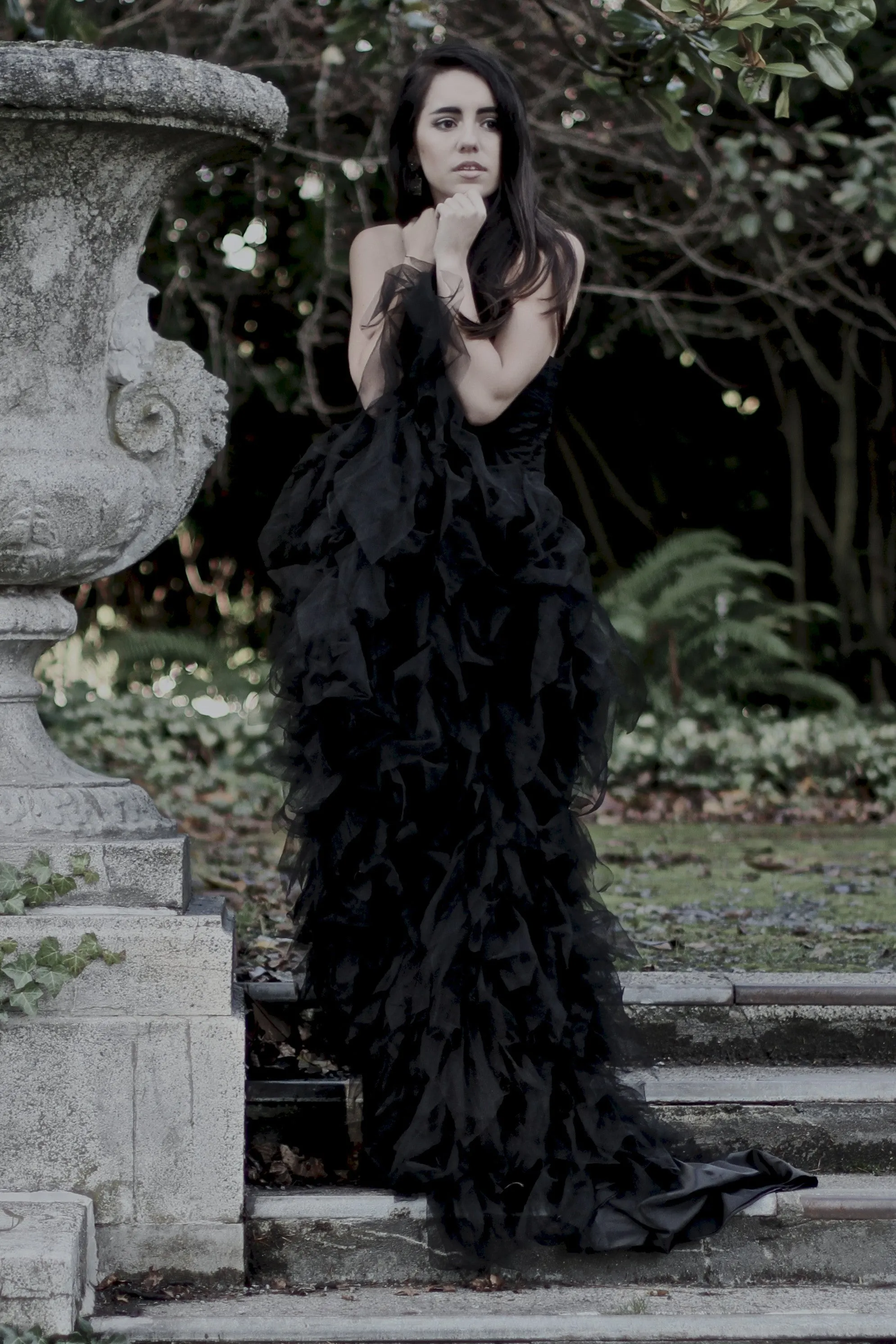 Mermaid Strapless Floor Length Tulle Lotus Leaf Hem