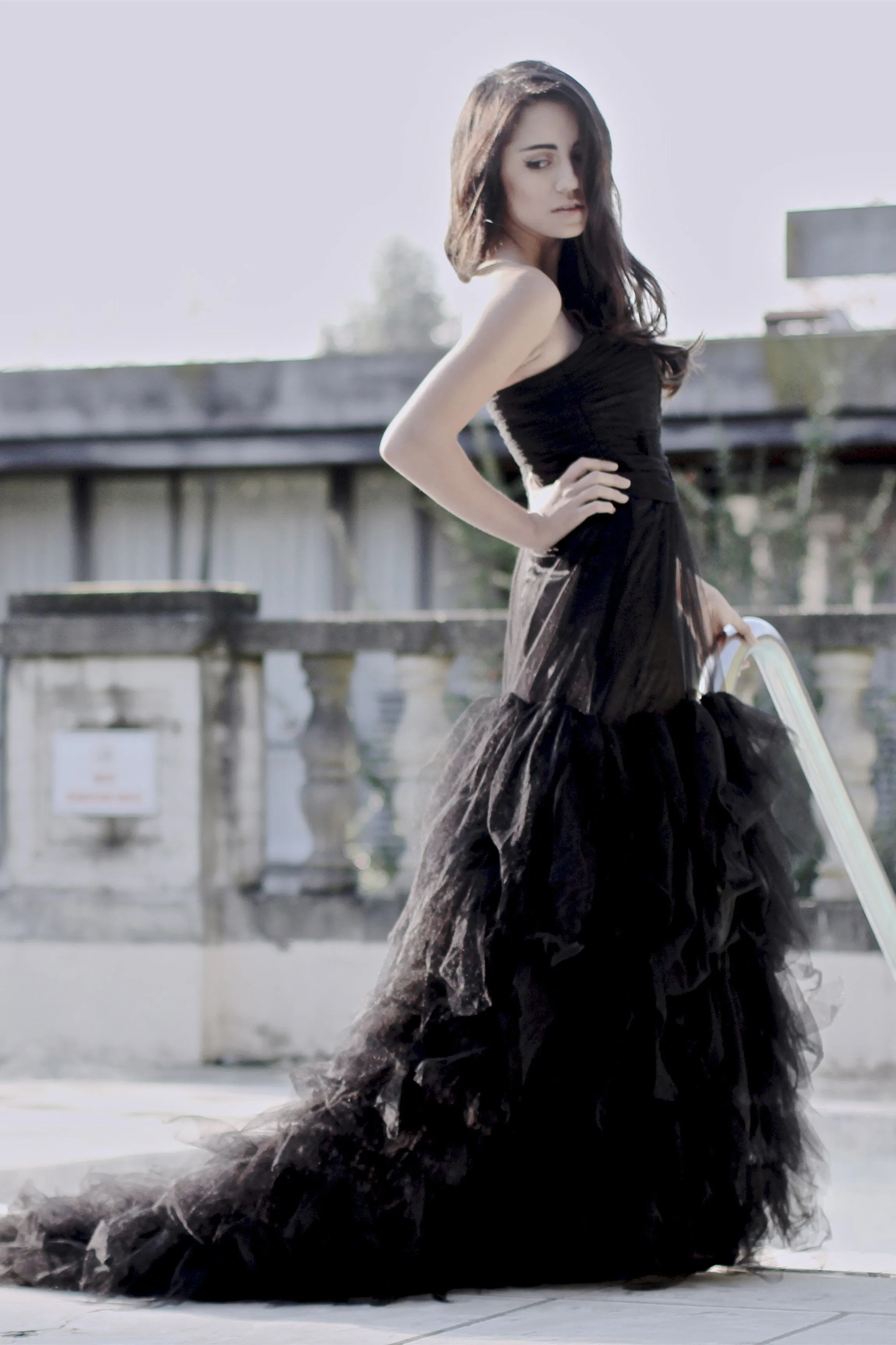 Mermaid Strapless Floor Length Tulle Lotus Leaf Hem