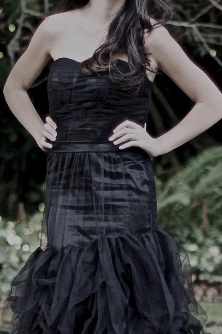 Mermaid Strapless Floor Length Tulle Lotus Leaf Hem