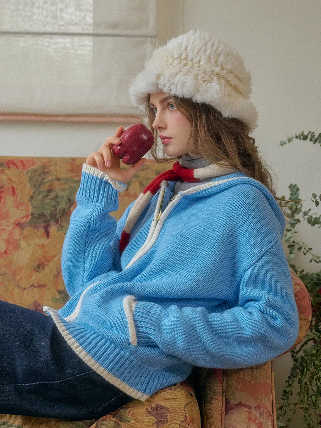 Mila Contrasting Pocket Knit Wool Hoodie - Blue