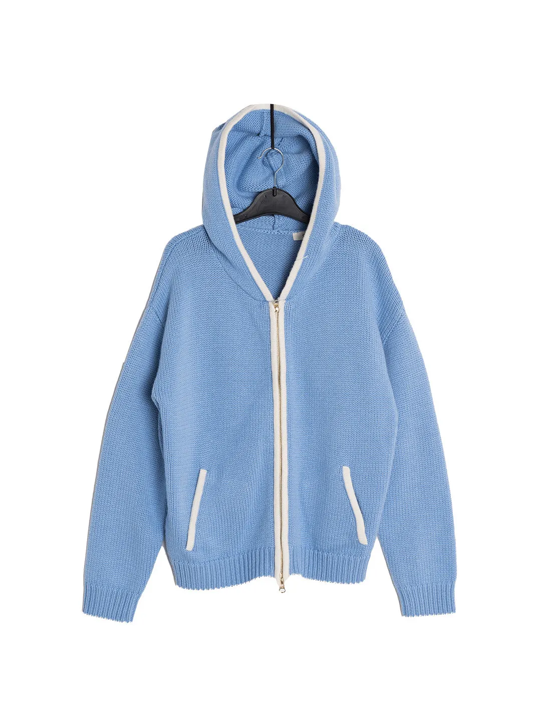 Mila Contrasting Pocket Knit Wool Hoodie - Blue