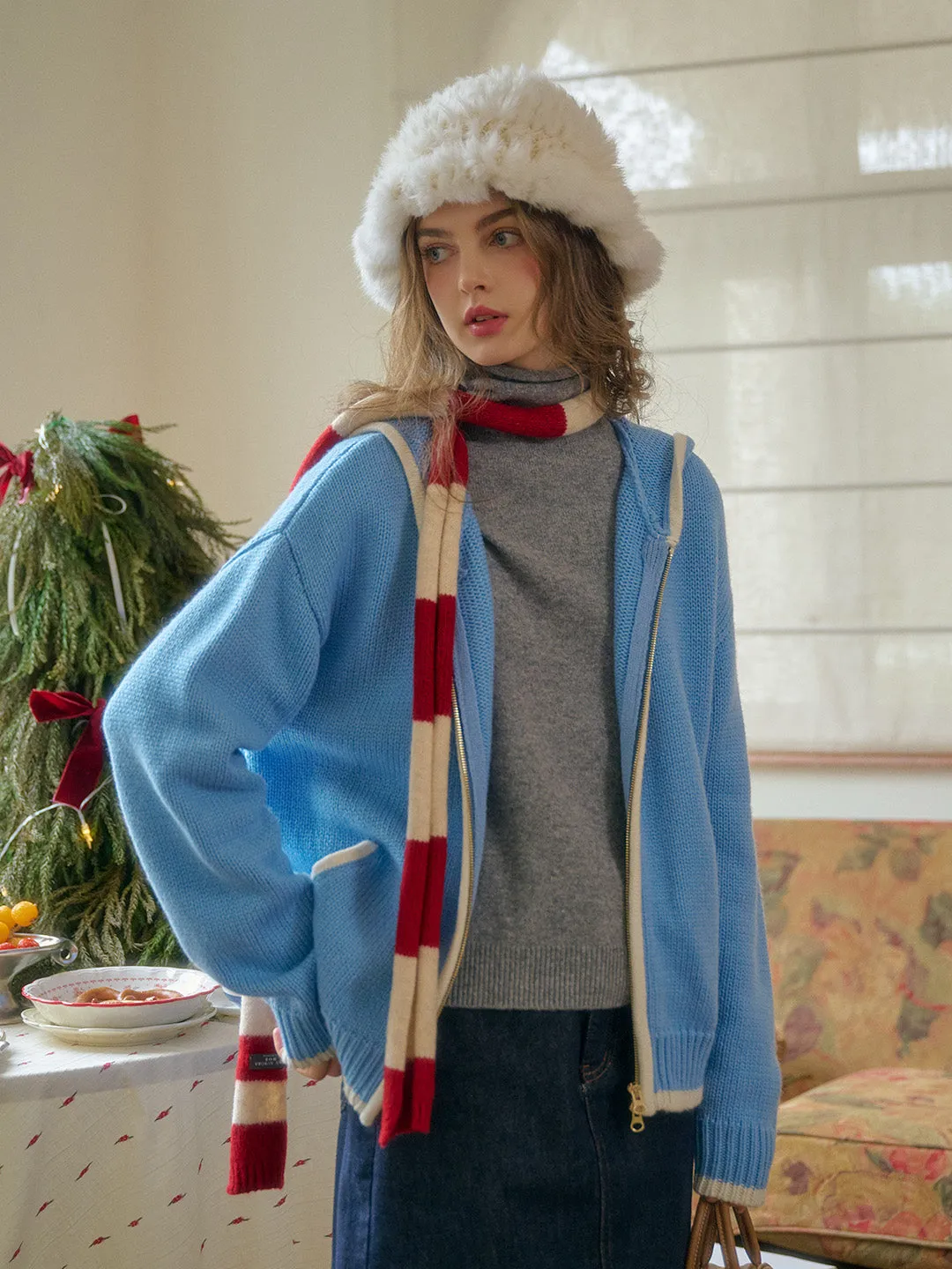 Mila Contrasting Pocket Knit Wool Hoodie - Blue