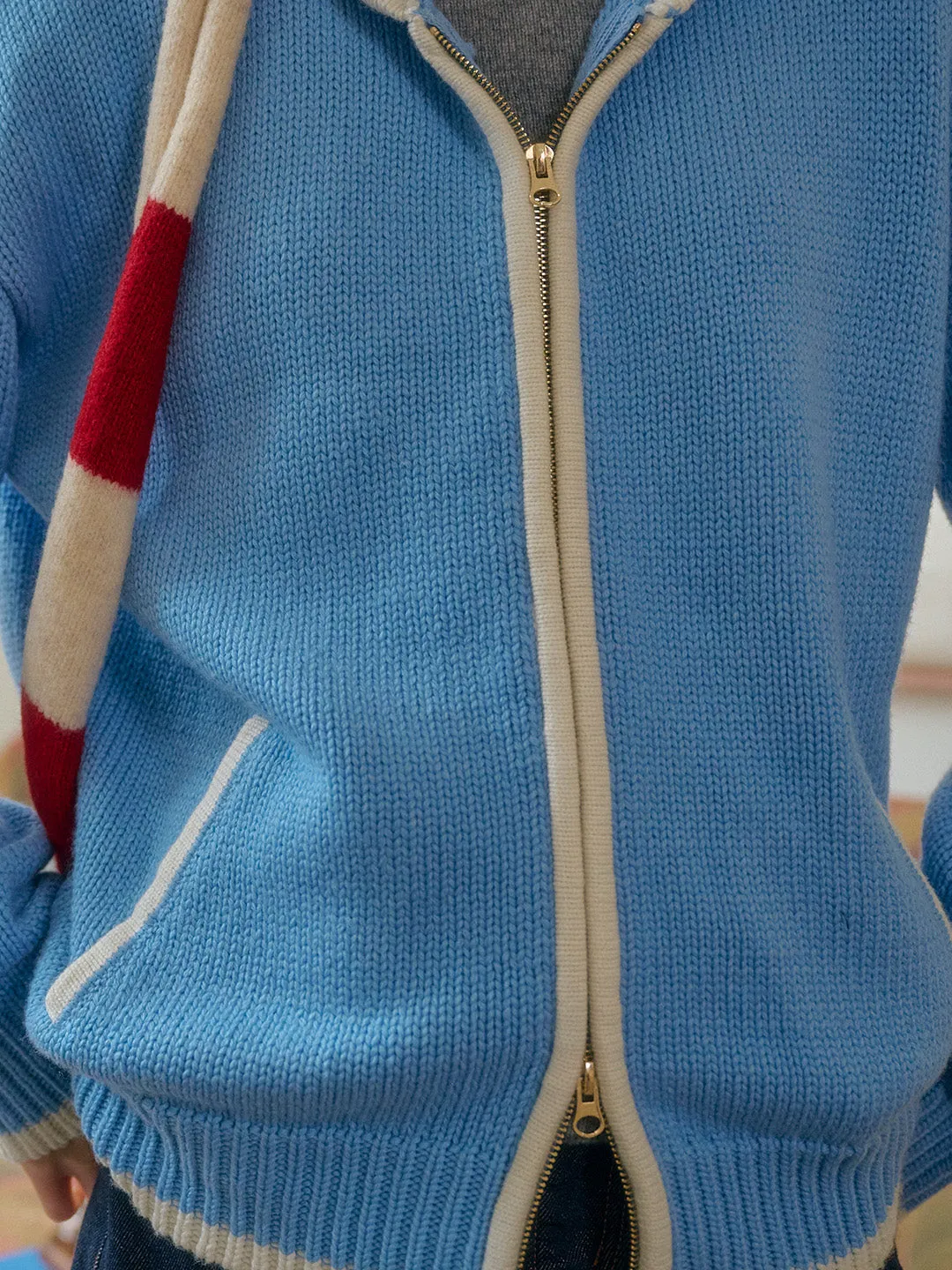 Mila Contrasting Pocket Knit Wool Hoodie - Blue