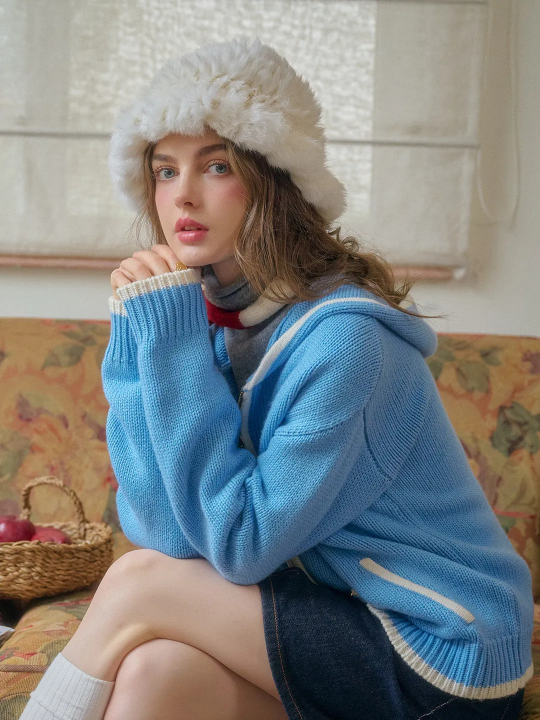 Mila Contrasting Pocket Knit Wool Hoodie - Blue