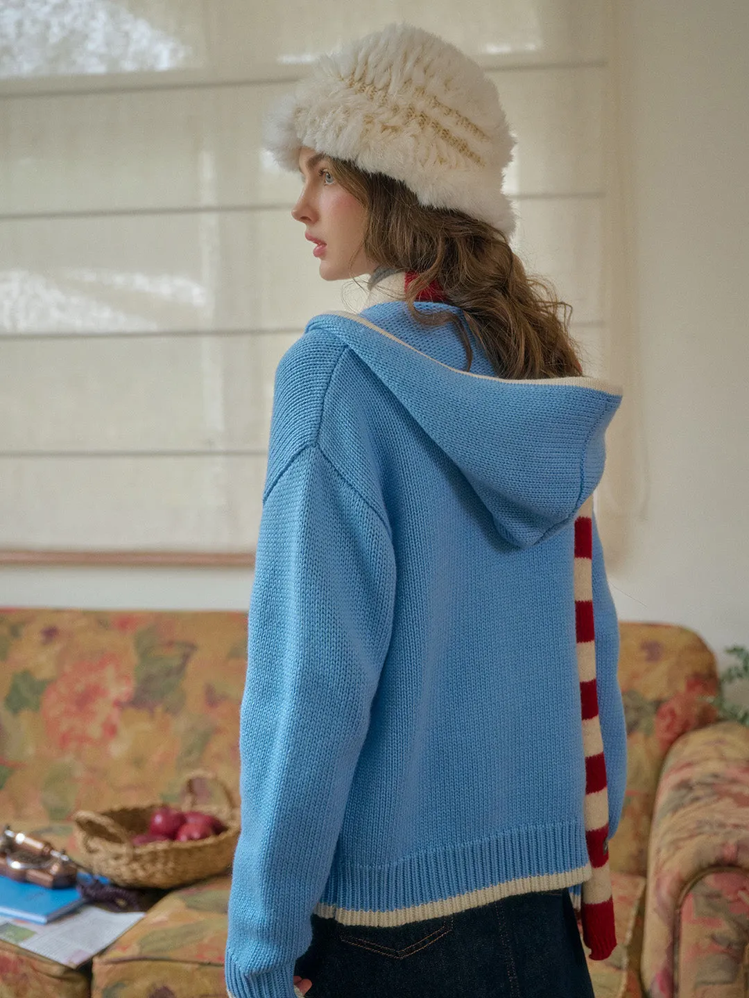 Mila Contrasting Pocket Knit Wool Hoodie - Blue