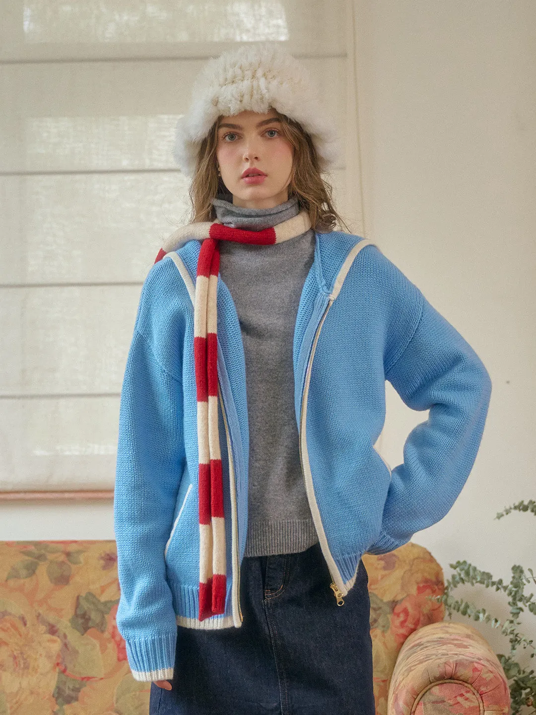 Mila Contrasting Pocket Knit Wool Hoodie - Blue
