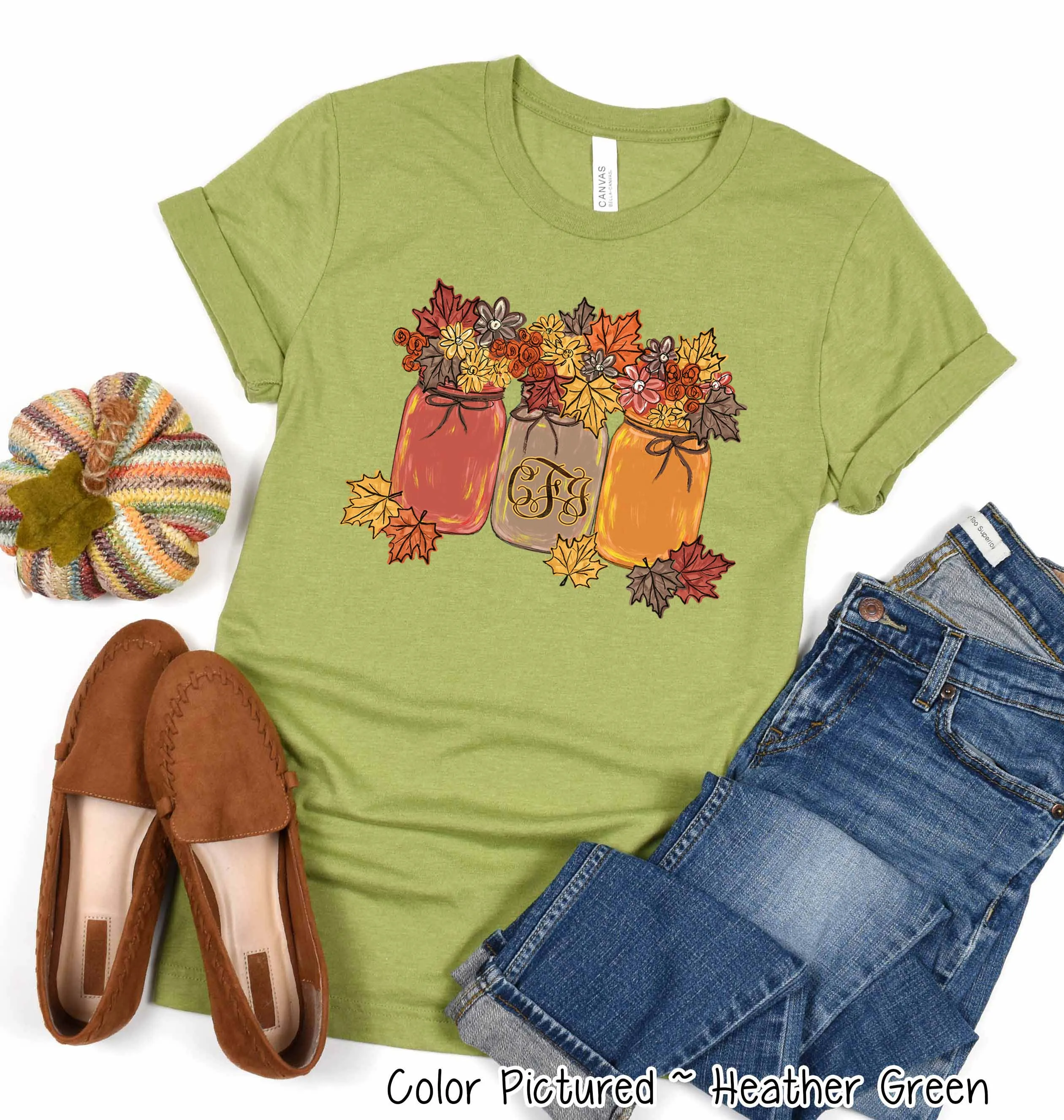 Monogram Autumn Leaves Mason Jars Fall Tee