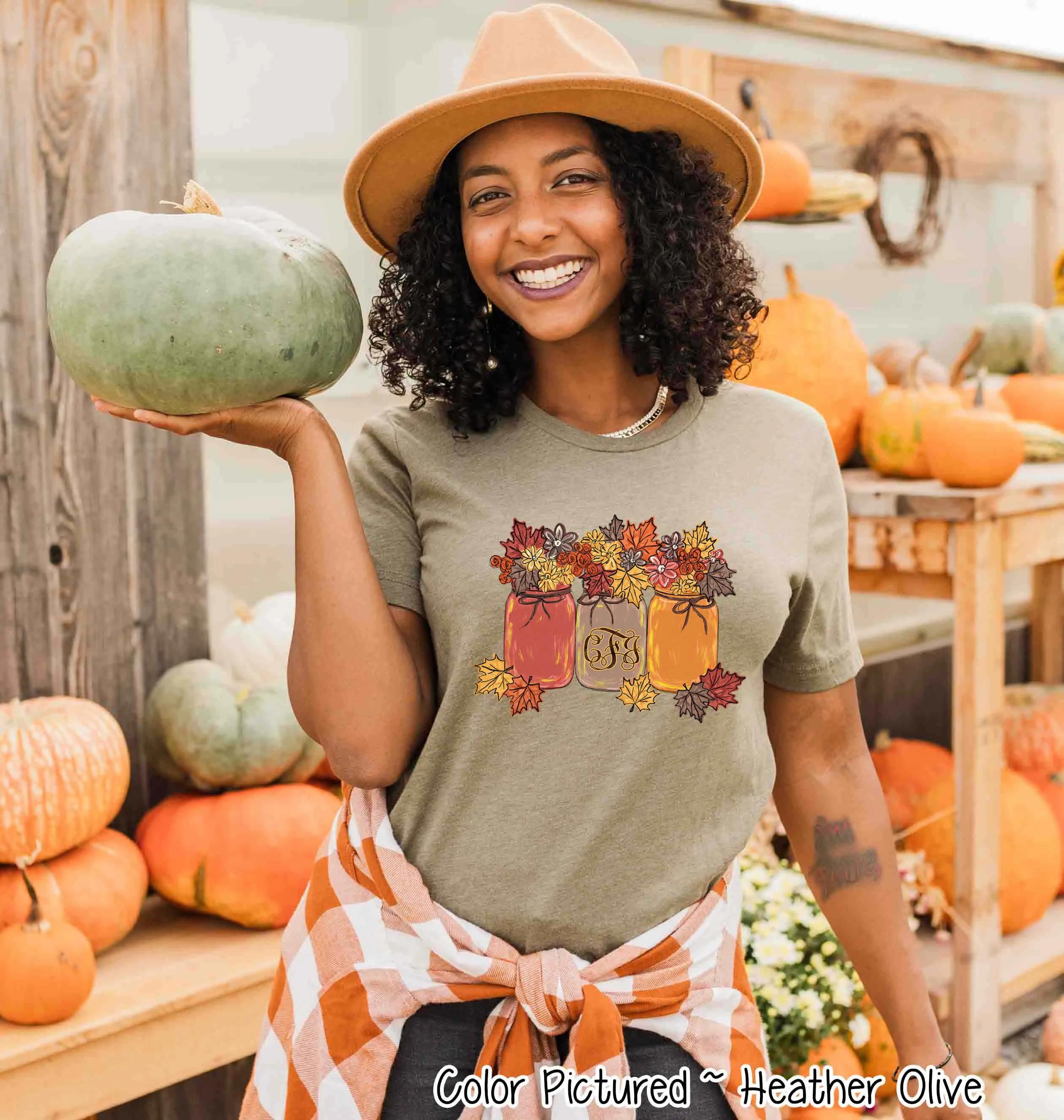 Monogram Autumn Leaves Mason Jars Fall Tee