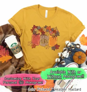 Monogram Autumn Leaves Mason Jars Fall Tee