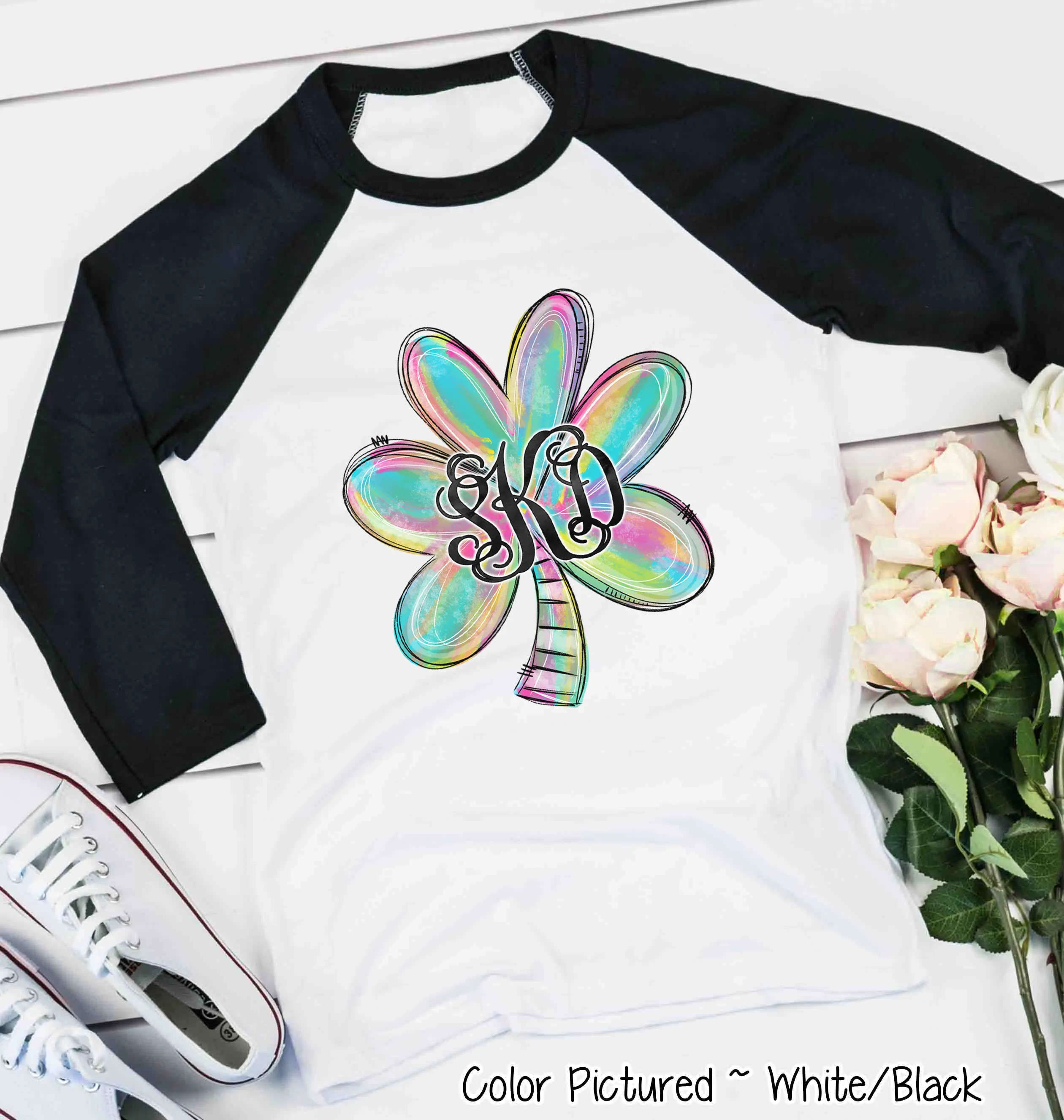 Monogram Colorful Watercolor Shamrock St Partricks Day Tee