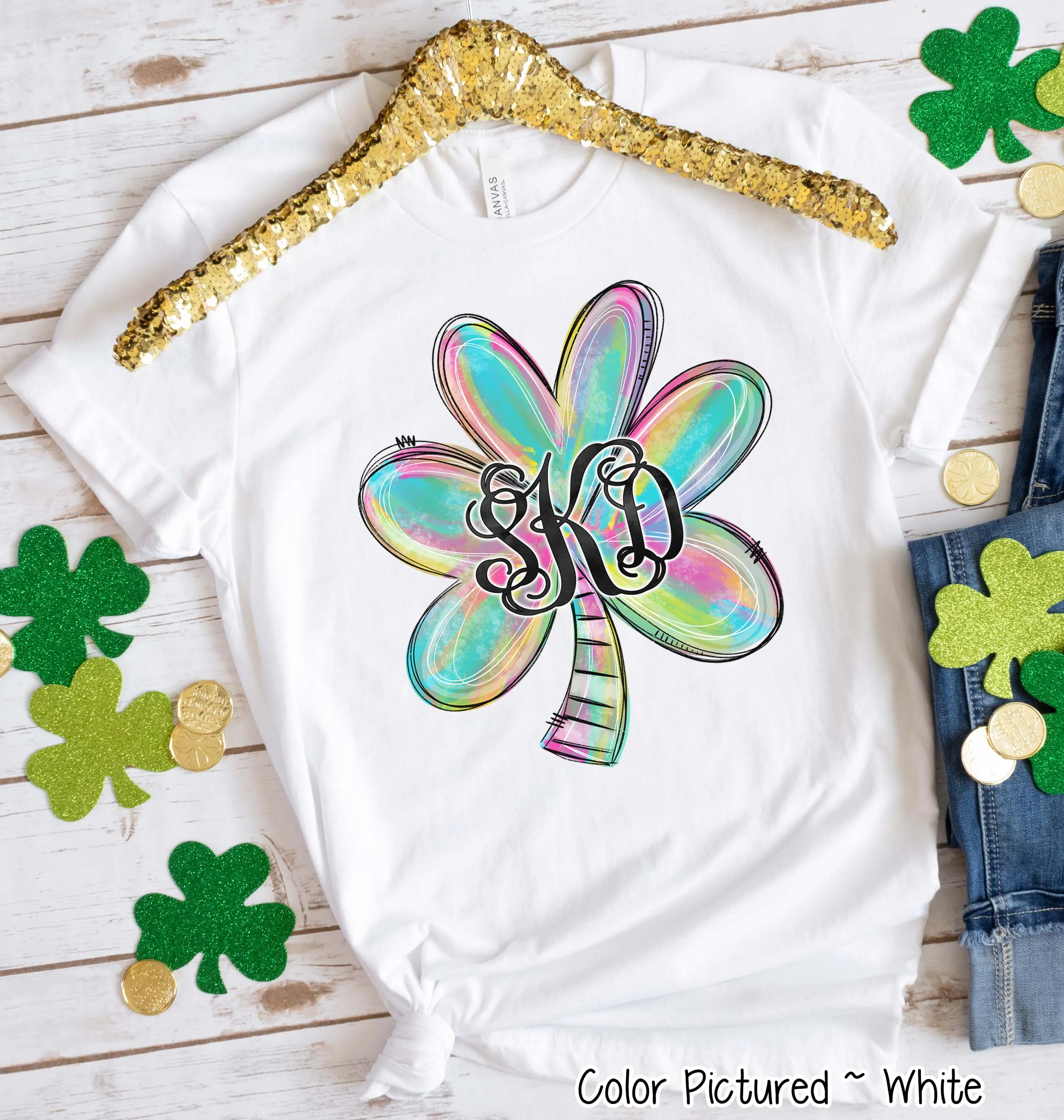 Monogram Colorful Watercolor Shamrock St Partricks Day Tee