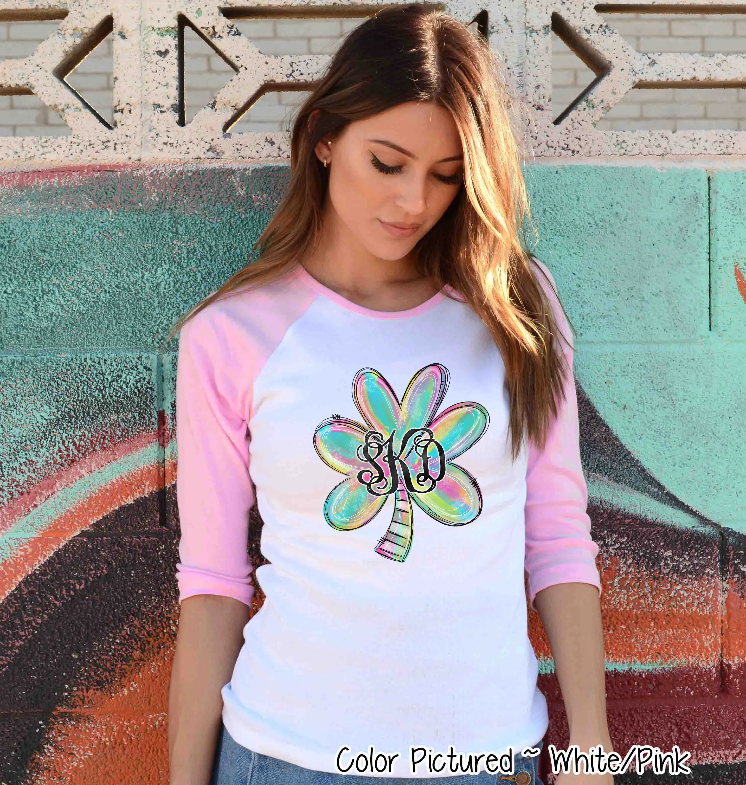 Monogram Colorful Watercolor Shamrock St Partricks Day Tee