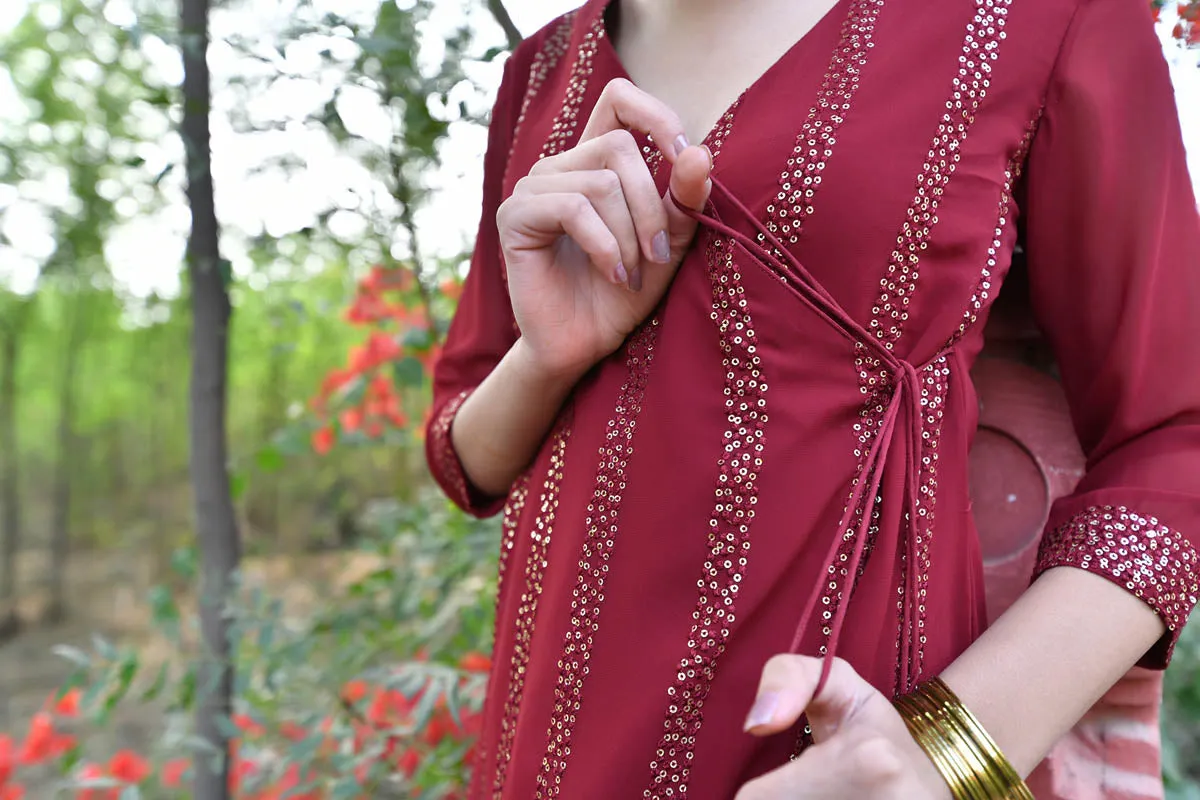 MULMUL CHERRY MAROON SEQUIN ANGRAKHA KURTA SET