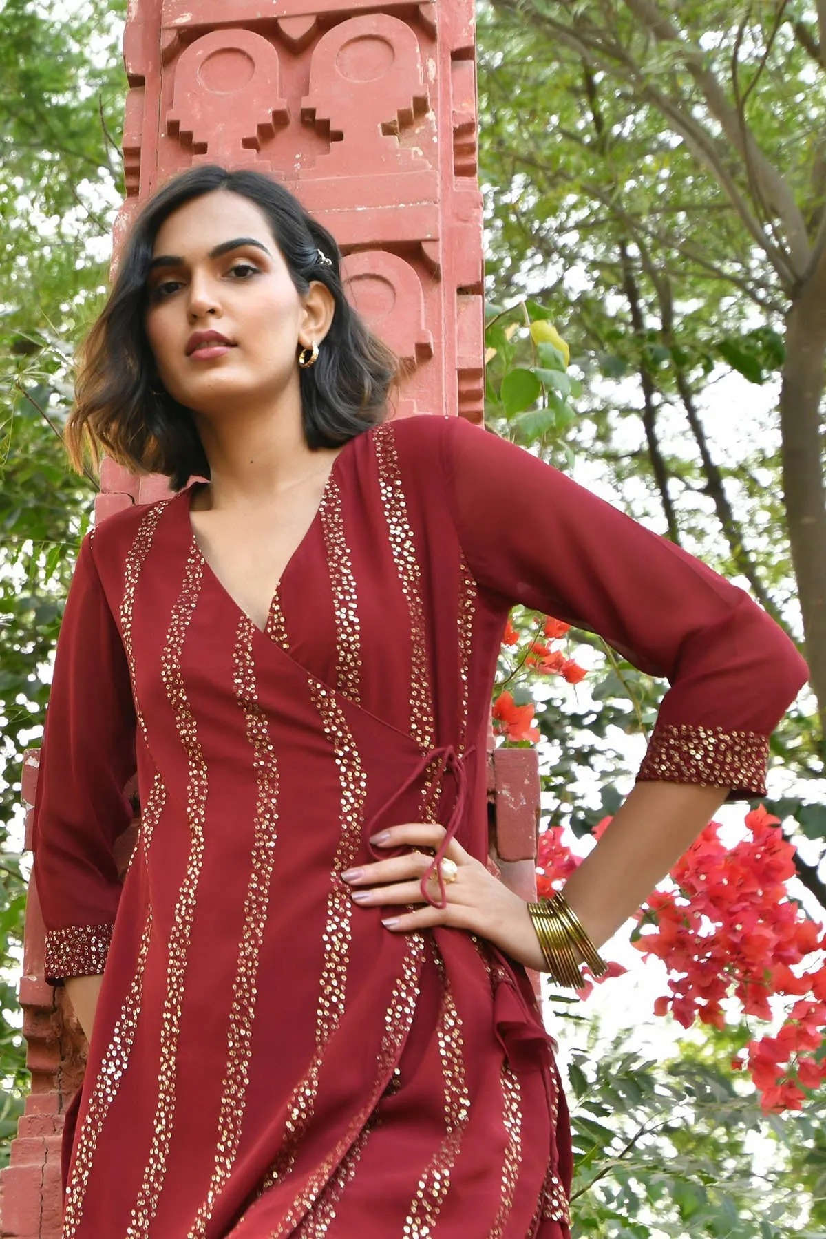 MULMUL CHERRY MAROON SEQUIN ANGRAKHA KURTA SET