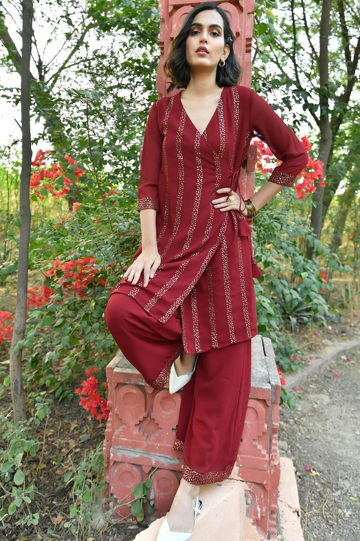 MULMUL CHERRY MAROON SEQUIN ANGRAKHA KURTA SET
