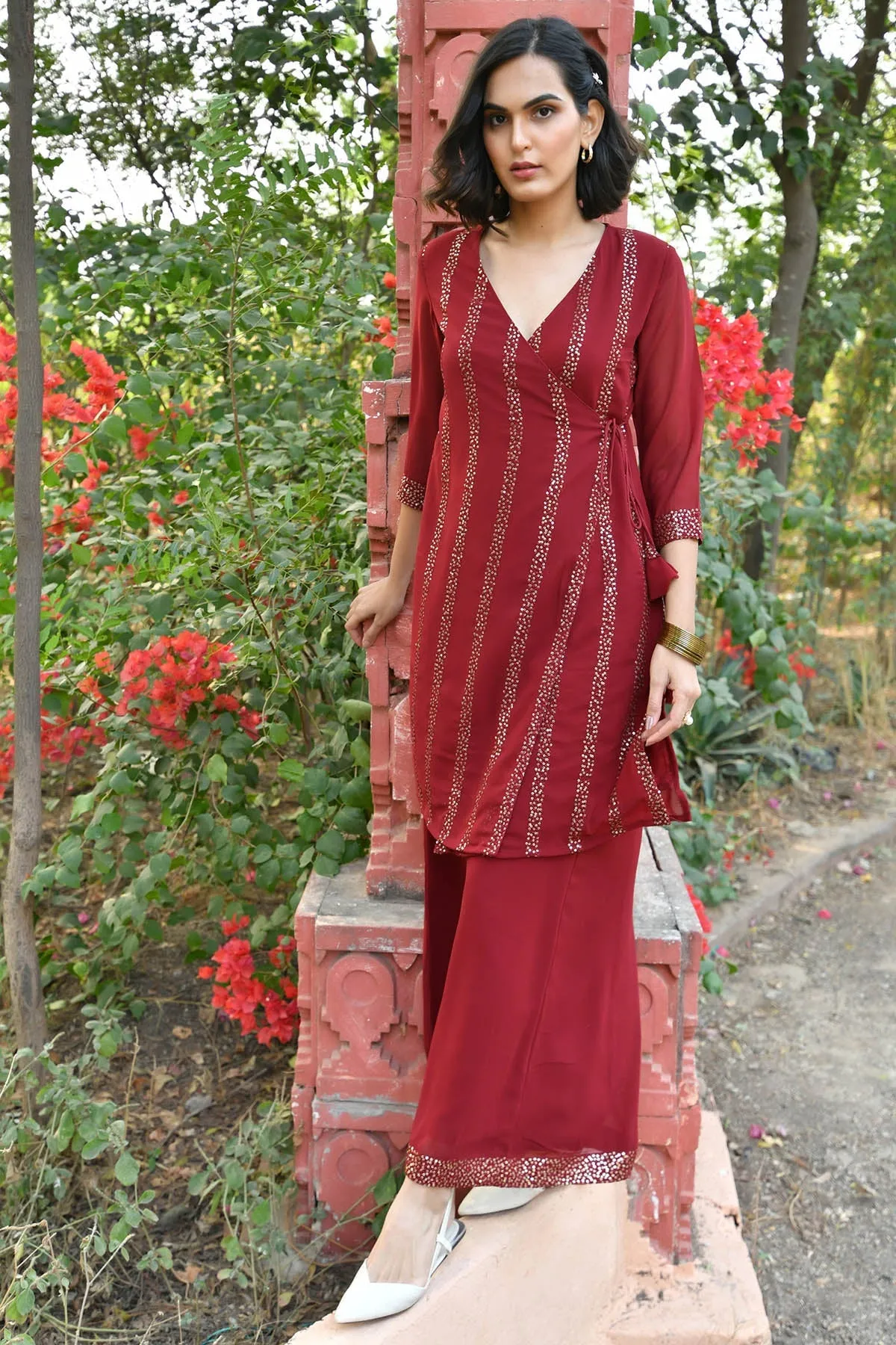 MULMUL CHERRY MAROON SEQUIN ANGRAKHA KURTA SET