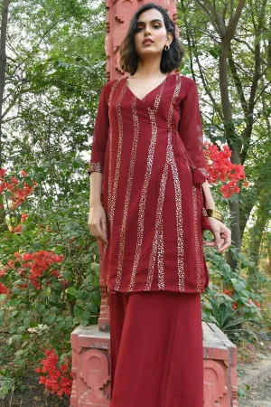 MULMUL CHERRY MAROON SEQUIN ANGRAKHA KURTA SET