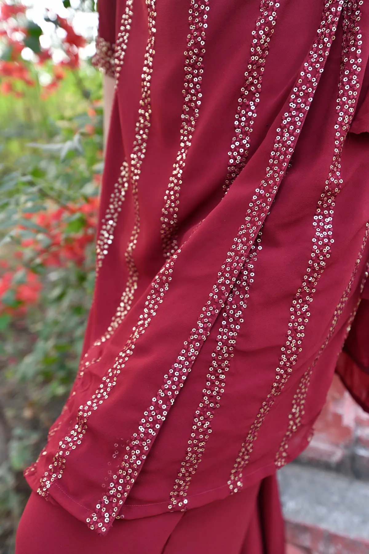MULMUL CHERRY MAROON SEQUIN ANGRAKHA KURTA SET