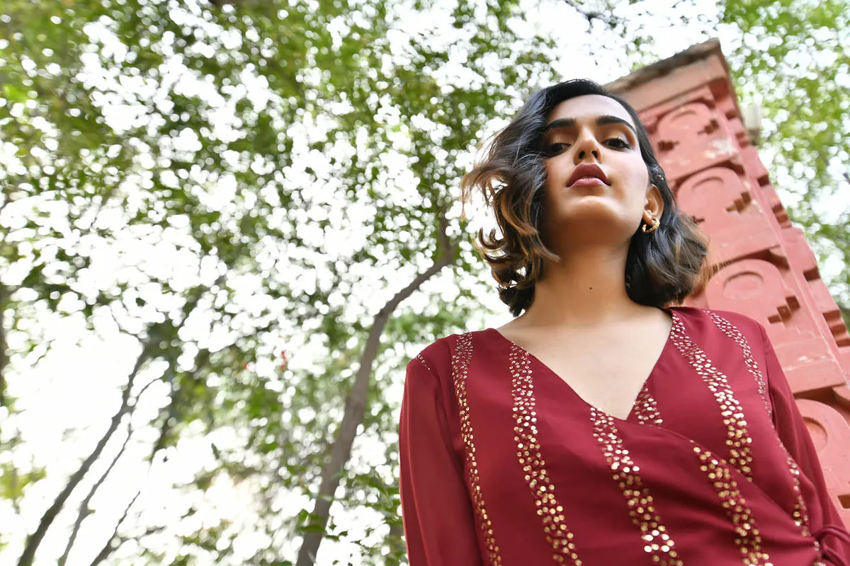 MULMUL CHERRY MAROON SEQUIN ANGRAKHA KURTA SET