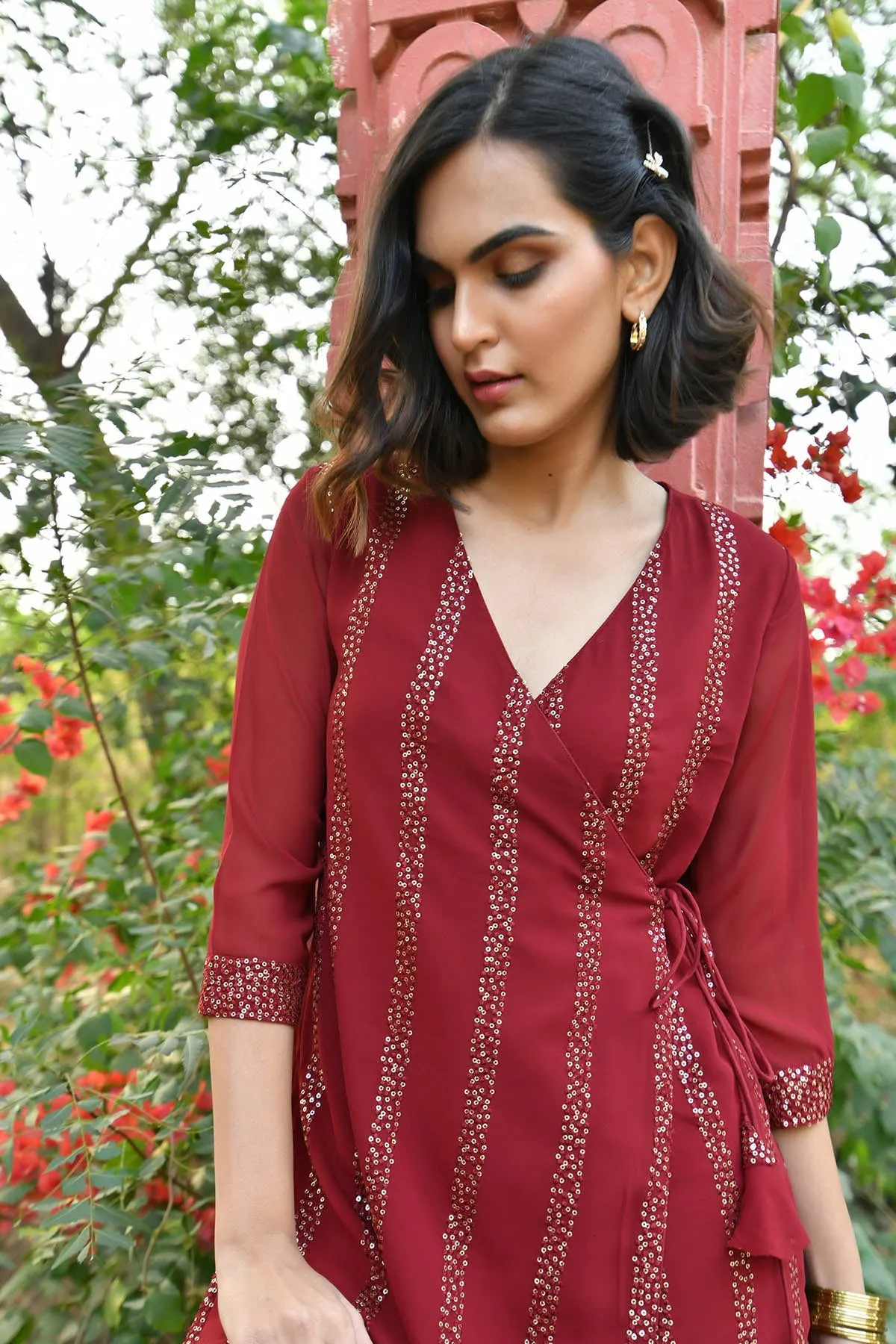 MULMUL CHERRY MAROON SEQUIN ANGRAKHA KURTA SET