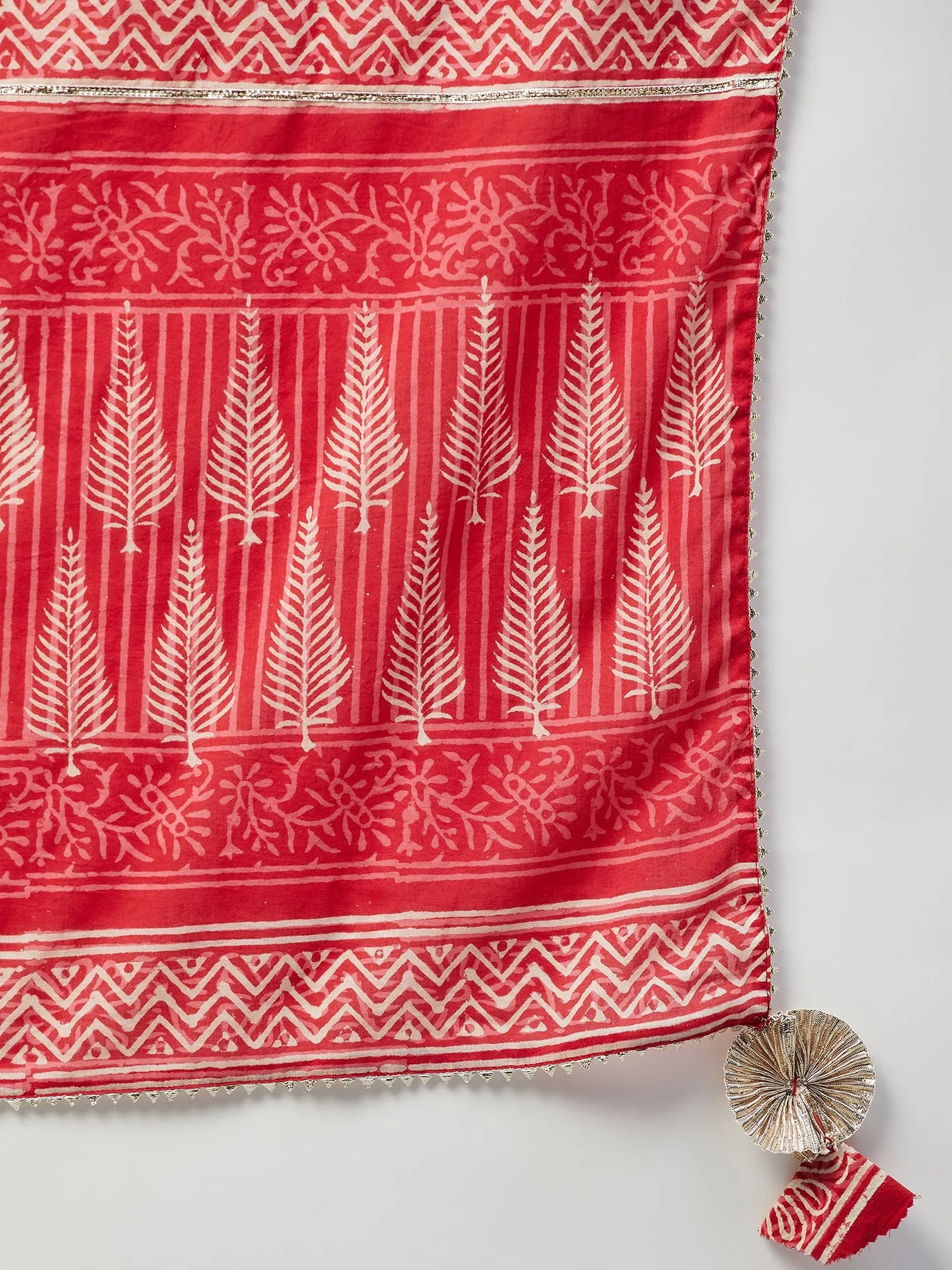 MULMUL DEVASREE RED BLOCK PRINTED PANELED KURTA-PANTS & DUPATTA SET