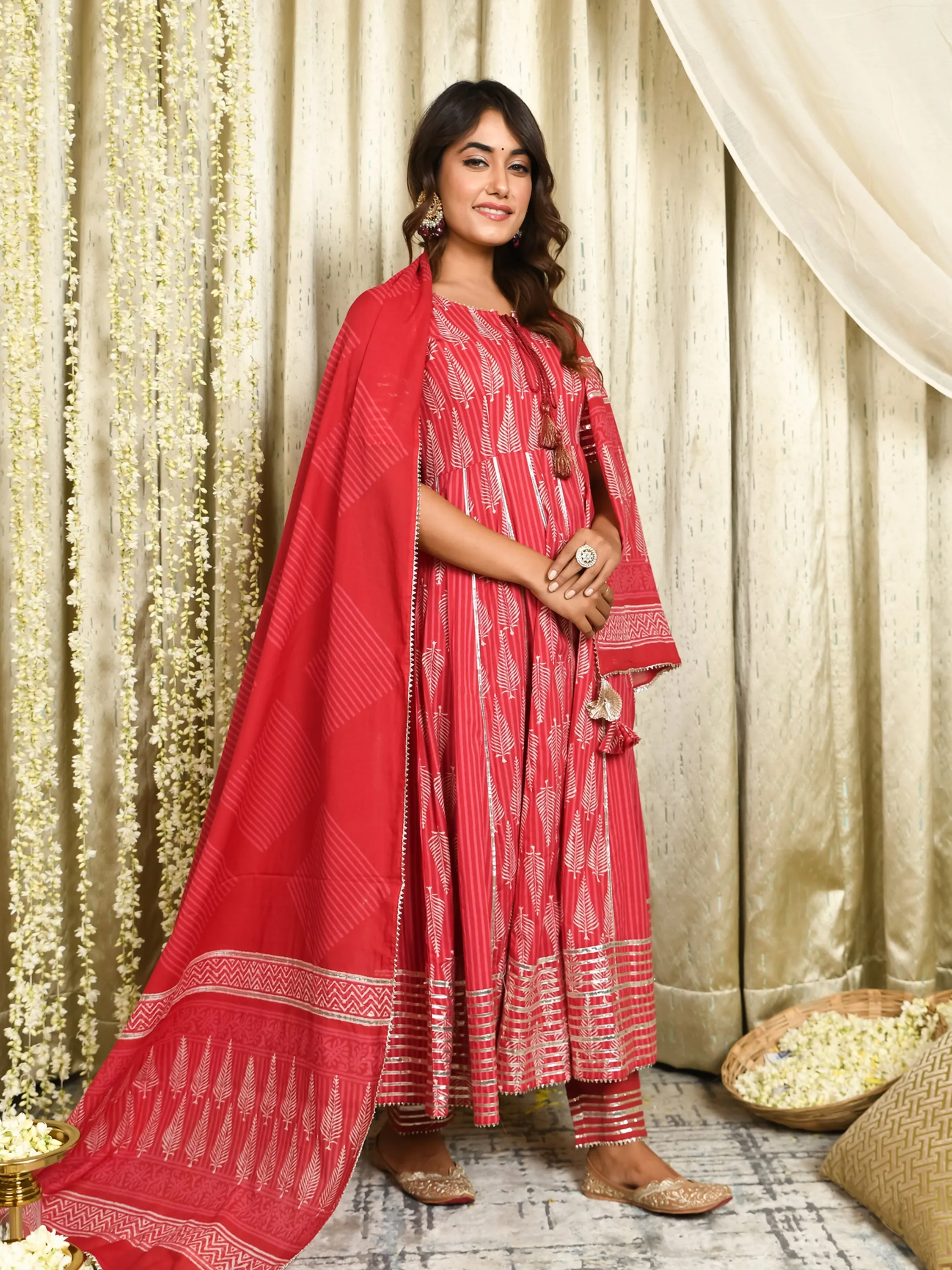 MULMUL DEVASREE RED BLOCK PRINTED PANELED KURTA-PANTS & DUPATTA SET
