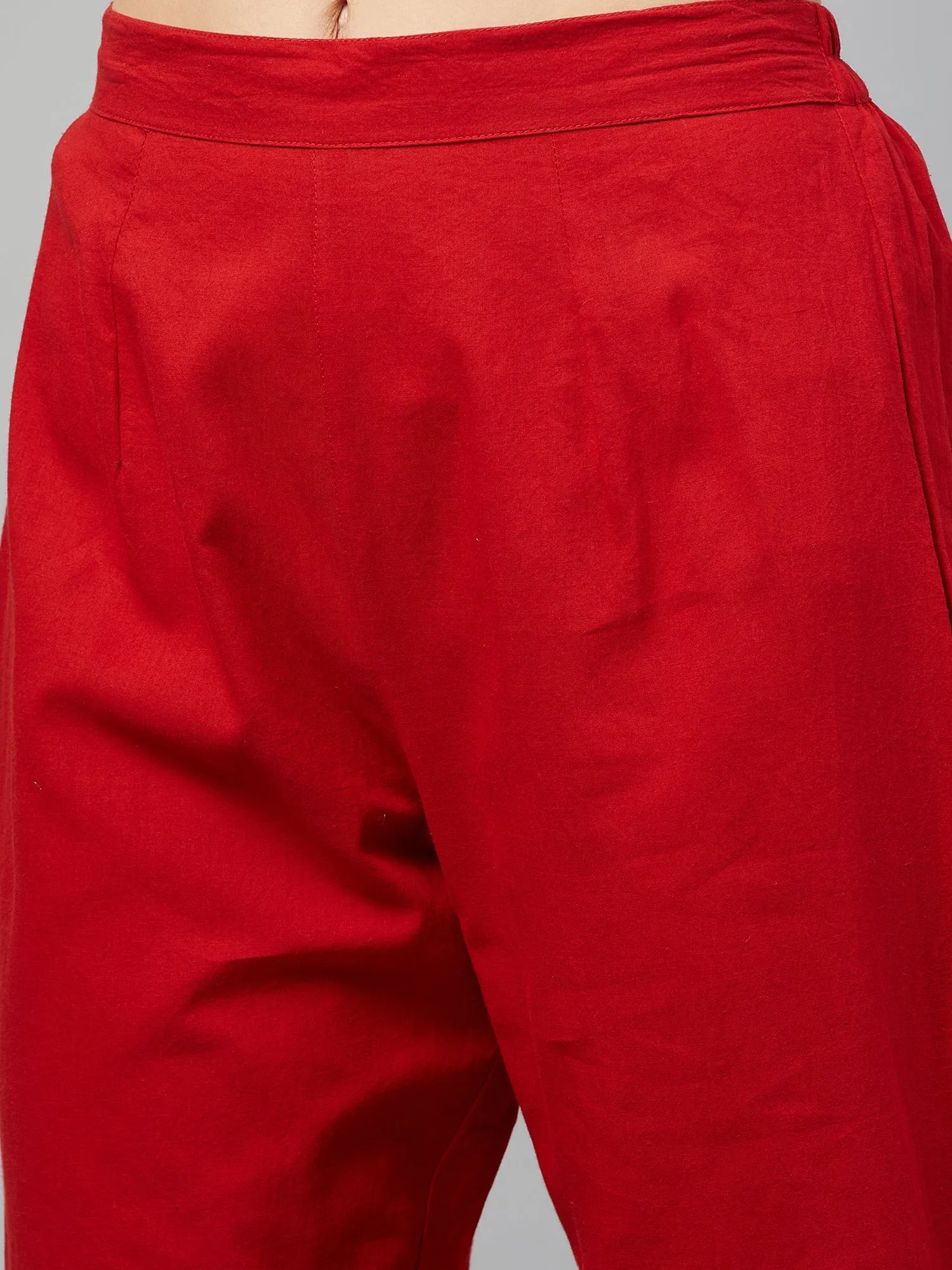 MULMUL DEVASREE RED BLOCK PRINTED PANELED KURTA-PANTS & DUPATTA SET