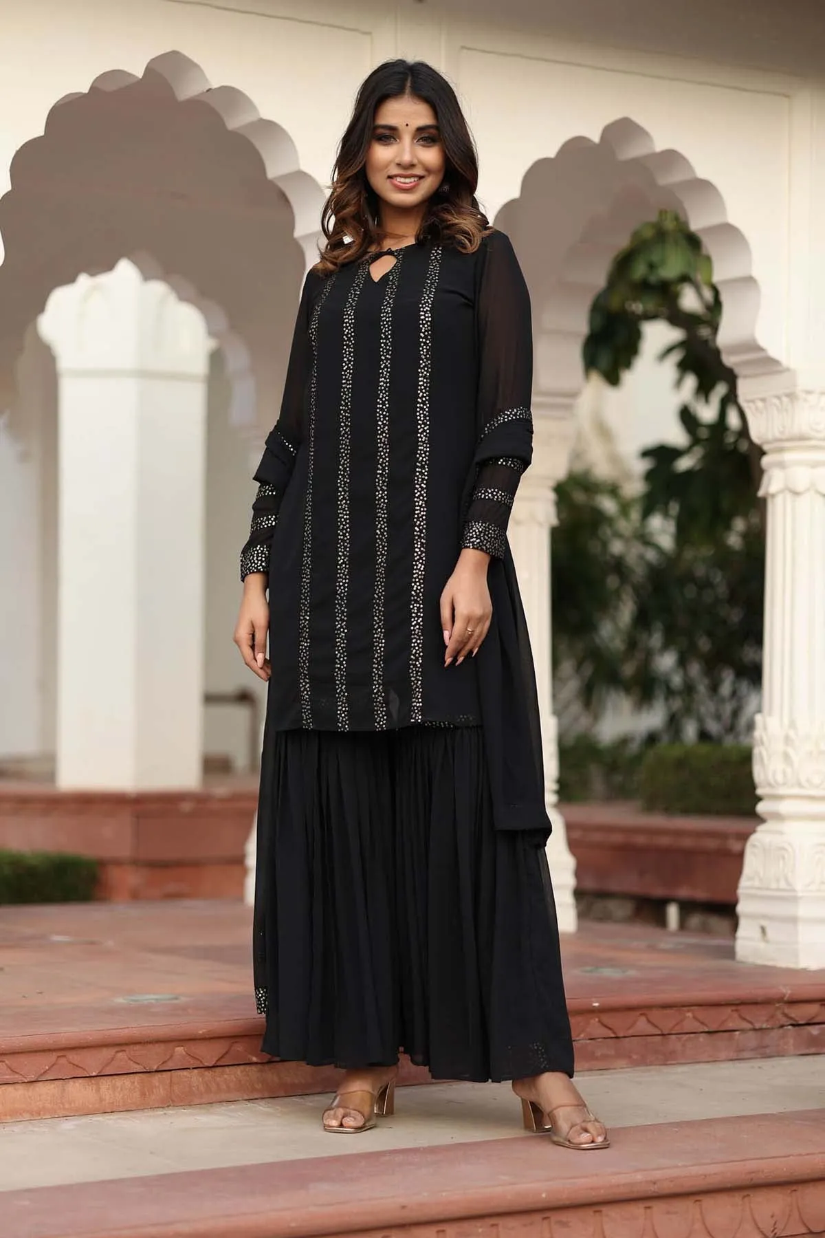 MULMUL RIYANSHIKA BLACK SEQUIN SHARARA SET