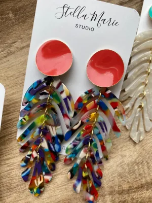 MULTIPLE COLORS: Acrylic Feather Earrings w/Large Studs