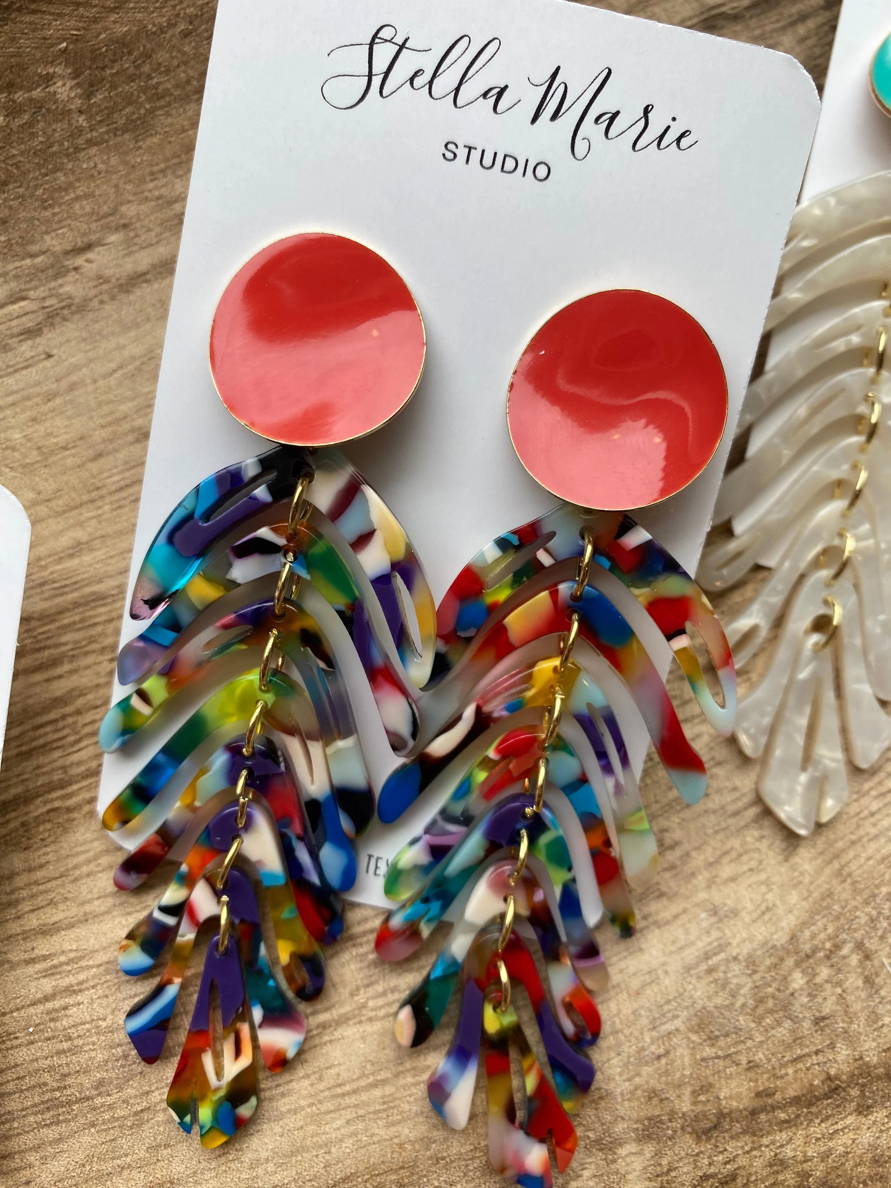 MULTIPLE COLORS: Acrylic Feather Earrings w/Large Studs