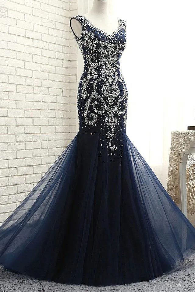 Navy Blue Tulle Mermaid Evening Dresses with Silver Beadings Sexy Evening Party Gowns