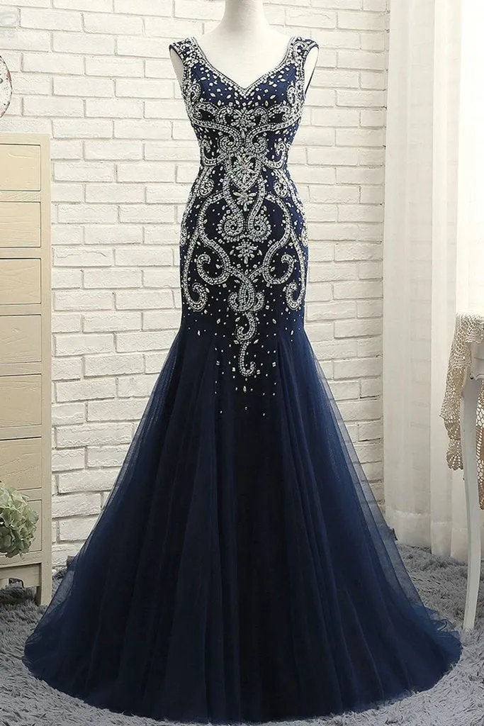 Navy Blue Tulle Mermaid Evening Dresses with Silver Beadings Sexy Evening Party Gowns