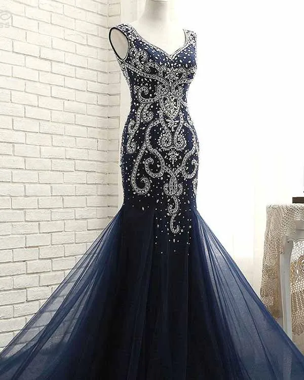 Navy Blue Tulle Mermaid Evening Dresses with Silver Beadings Sexy Evening Party Gowns