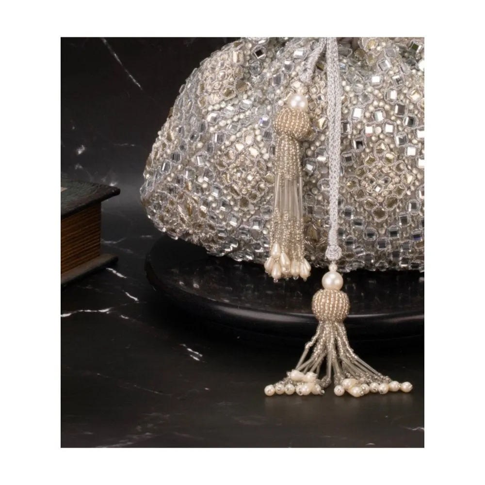Nayaab by Sonia Women Royal Abla Silver Sparkle Potli