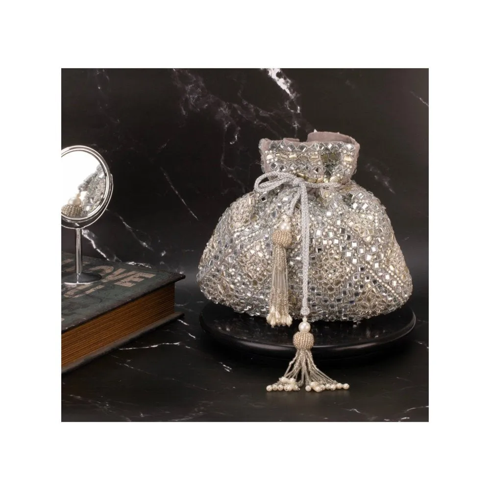 Nayaab by Sonia Women Royal Abla Silver Sparkle Potli