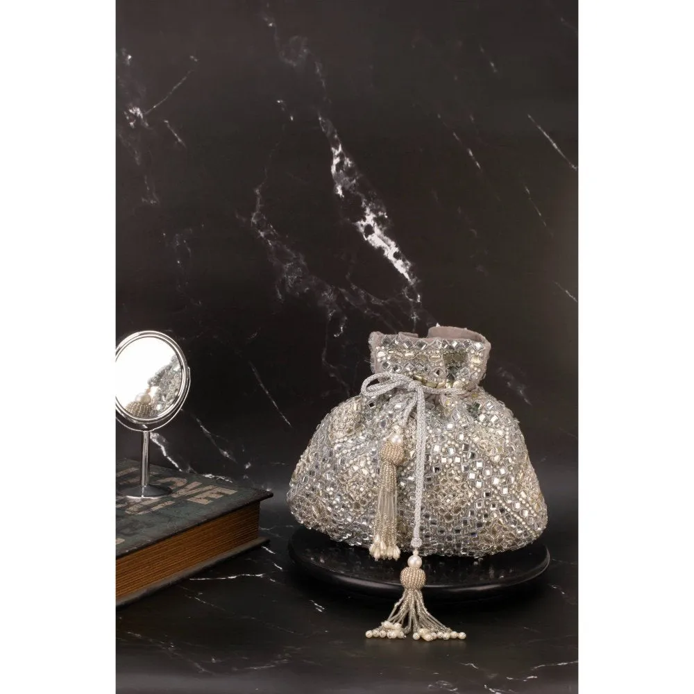 Nayaab by Sonia Women Royal Abla Silver Sparkle Potli