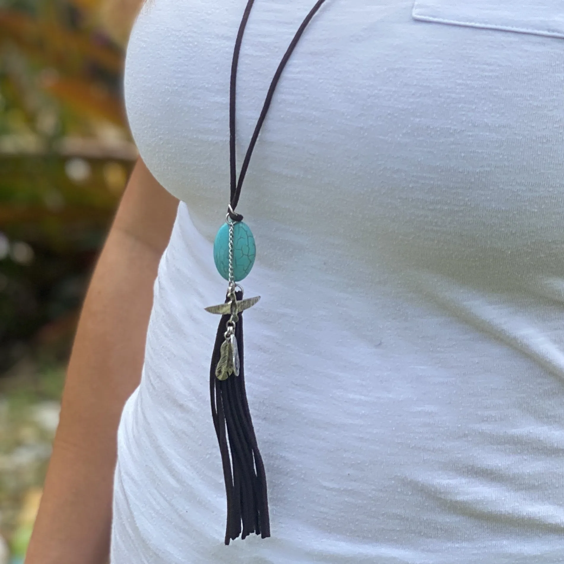 Necklace & Earring Set with Suede Tassel & Feather Charm