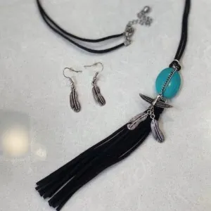 Necklace & Earring Set with Suede Tassel & Feather Charm